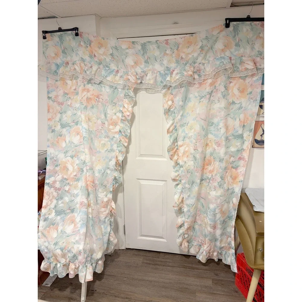 Excell Home Vintage 90s TOPPER Pastel Floral Ruffle Shower Curtain Lace 70x72